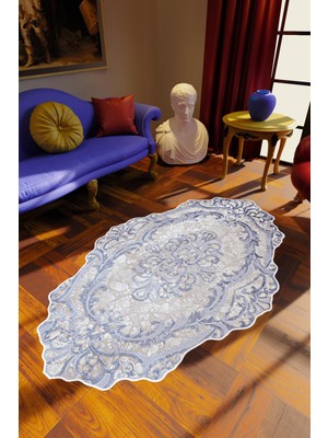 Salon Halısı Klasik Mavi Gri Kaydırmaz Kesme Yıkanabilir Ince Halı Tüysüz Kilim