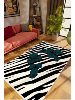 Salon Halısı Çiçekli Zebra Temalı Beyaz Siyah Kaydırmaz Yıkanabilir Ince Halı Tüysüz Kilim