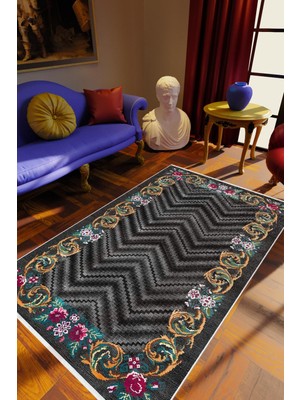 Salon Halısı Figürlü Çiçekli Gri Siyah Bordo Kaydırmaz Kesme Yıkanabilir Ince Halı Tüysüz Kilim