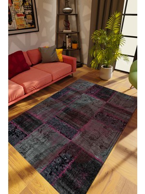 Modern Patchwork Gri Dijital Baskı Halı Kaydırmaz Ince Yıkanabilir