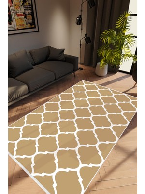 Modern Geometrik Kahverengi Krem Beyaz Kaydırmaz Kesme Yıkanabilir Ince Halı