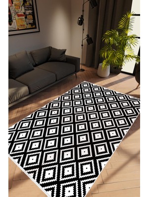 Salon Halısı Modern Geometrik Siyah Beyaz Kaydırmaz Kesme Yıkanabilir Ince Halı Tüysüz Kilim
