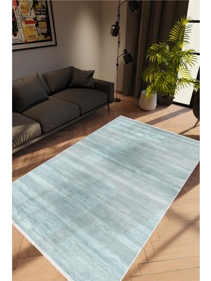 Salon Halısı Modern Eskitme Turkuaz Mavi Kaydırmaz Kesme Yıkanabilir Ince Halı Tüysüz Kilim