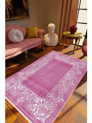 Salon Halısı Klasik Pembe Kaydırmaz Kesme Yıkanabilir Ince Halı Tüysüz Kilim