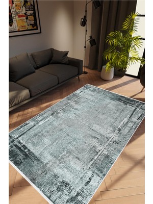 Salon Halısı Doku Eskitme Gri Mavi Kaydırmaz Kesme Yıkanabilir Ince Halı Tüysüz Kilim