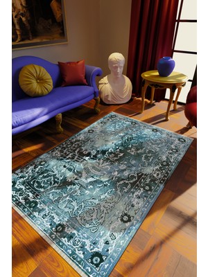 Klasik Mavi Dijital Baskı Halı Kaydırmaz Ince Yıkanabilir