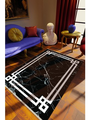 Klasik Siyah Dijital Baskı Halı Kaydırmaz Ince Yıkanabilir