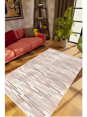 Eskitme Çizgili Ekru Krem Bordo Kaydırmaz Kesme Yıkanabilir Ince Halı