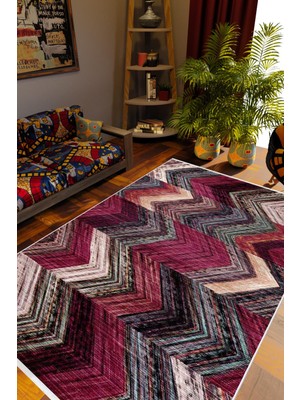 Salon Halısı Kilim Otantik Eskitme Zikzak Pembe Kaydırmaz Yıkanabilir Ince Halı Tüysüz Kilim