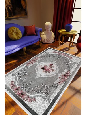 Figürlü Çiçekli Gri Pembe Kaydırmaz Kesme Yıkanabilir Ince Halı
