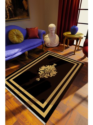 Klasik Siyah Dijital Baskı Halı Kaydırmaz Ince Yıkanabilir