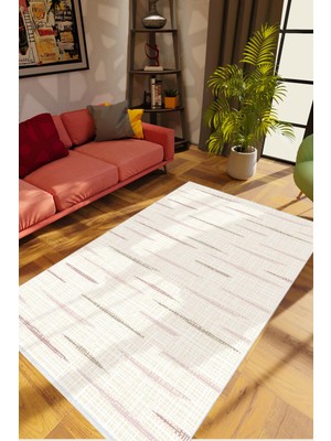 Eskitme Çizgili Ekru Krem Kahverengi Kaydırmaz Kesme Yıkanabilir Ince Halı