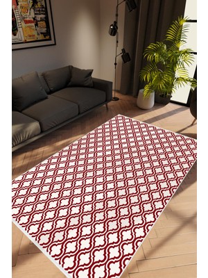 10 Post Online Modern Geometrik Bordo Kahverengi Beyaz Kaydırmaz Kesme Yıkanabilir Ince Halı