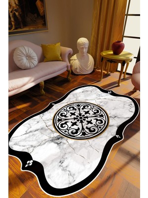 Klasik Modern Siyah Beyaz Kaydırmaz Kesme Yıkanabilir Ince Halı
