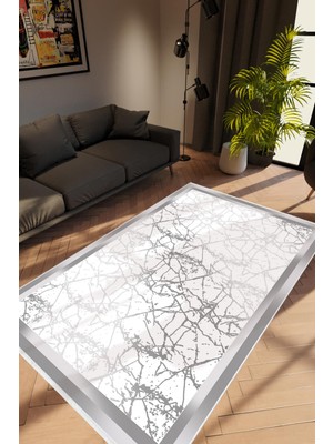 Salon Halısı Modern Çizgili Gümüş Gri Beyaz Kaydırmaz Kesme Yıkanabilir Ince Halı Tüysüz Kilim