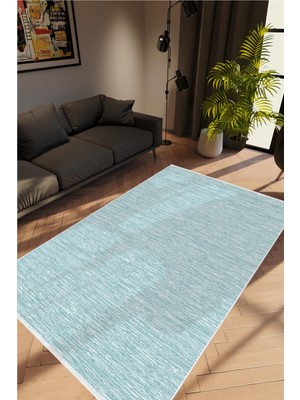 Salon Halısı Modern Eskitme Mavi Kaydırmaz Kesme Yıkanabilir Ince Halı Tüysüz Kilim
