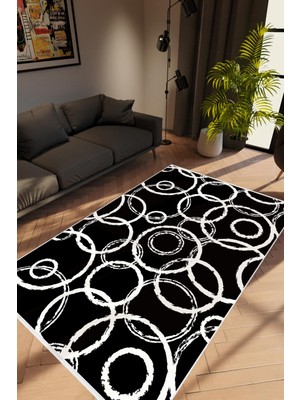 Modern Geometrik Siyah Beyaz Kaydırmaz Kesme Yıkanabilir Ince Halı