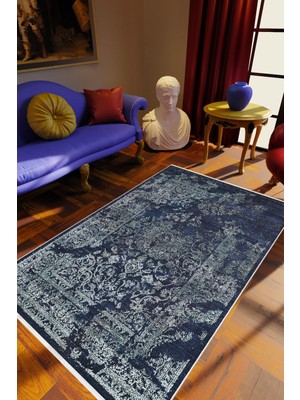 Salon Halısı Klasik Eskitme Lacivert Mavi Krem Kaydırmaz Kesme Yıkanabilir Ince Halı Tüysüz Kilim