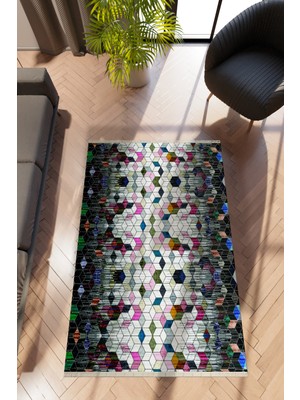 Modern Geometrik Karışık Renkli Dijital Baskı Halı Kaydırmaz Ince Yıkanabilir
