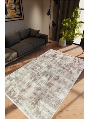 Salon Halısı Doku Eskitme Kahverengi Vizon Kaydırmaz Kesme Yıkanabilir Ince Halı Tüysüz Kilim