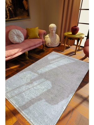 Klasik Gri Dijital Baskı Halı Kaydırmaz Ince Yıkanabilir