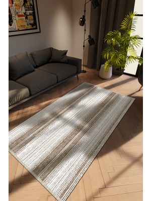 Modern Çizgili Vizon Dijital Baskı Halı Kaydırmaz Ince Yıkanabilir