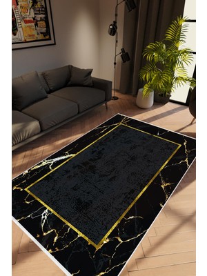 Modern Çizgili Gold Siyah Altın Kaydırmaz Kesme Yıkanabilir Ince Halı