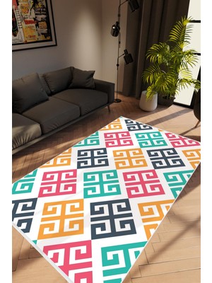 Modern Geometrik Sarı Pembe Turkuaz Kaydırmaz Kesme Yıkanabilir Ince Halı
