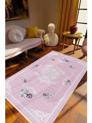 Figürlü Çiçekli Mor Pembe Kaydırmaz Kesme Yıkanabilir Ince Halı