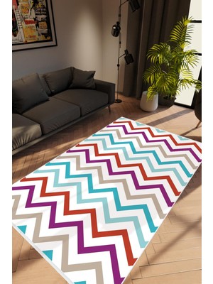 Salon Halısı Modern Zig Zag Mavi Turkuaz Krem Bordo Kaydırmaz Yıkanabilir Ince Halı Tüysüz Kilim