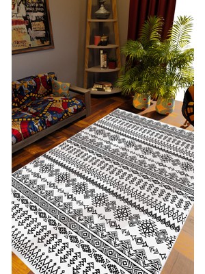 Salon Halısı Otantik Eskitme Siyah Beyaz Kaydırmaz Kesme Yıkanabilir Ince Halı Tüysüz Kilim