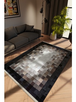 Modern Siyah Dijital Baskı Halı Kaydırmaz Ince Yıkanabilir