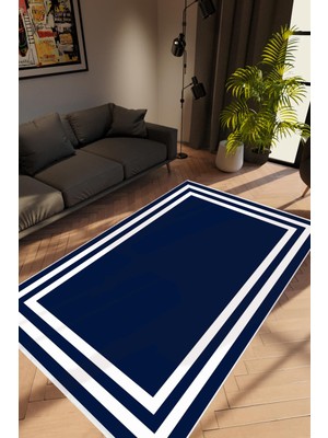 Salon Halısı Modern Çizgili Lacivert Beyaz Kaydırmaz Kesme Yıkanabilir Ince Halı Tüysüz Kilim