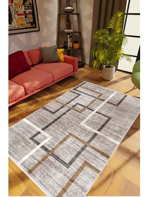 Salon Halısı Modern Geometrik Kahverengi Kaydırmaz Kesme Yıkanabilir Ince Halı Tüysüz Kilim