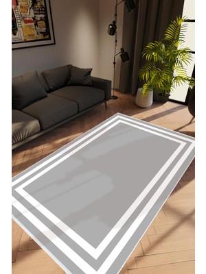 Salon Halısı Modern Çizgili Gri Beyaz Kaydırmaz Kesme Yıkanabilir Ince Halı Tüysüz Kilim