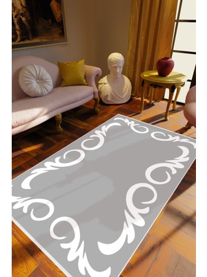 Salon Halısı Eskitme Klasik Gri Beyaz Kaydırmaz Kesme Yıkanabilir Ince Halı Tüysüz Kilim