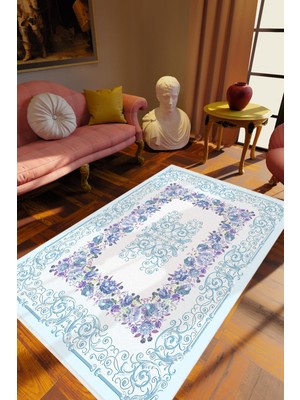 Salon Halısı Çiçekli Turkuaz Beyaz Lacivert Kaydırmaz Yıkanabilir Ince Halı Tüysüz Kilim