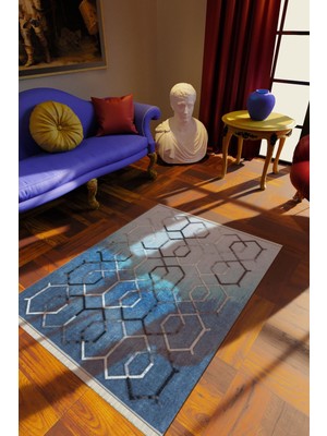 10 Post Online Klasik Mavi Dijital Baskı Halı Kaydırmaz Ince Yıkanabilir