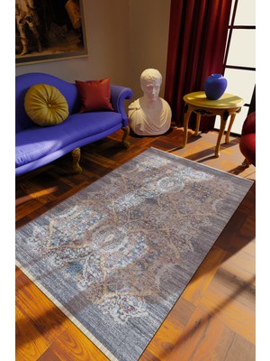 Klasik Eskitme Gri Dijital Baskı Halı Kaydırmaz Ince Yıkanabilir