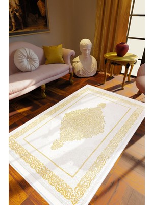 Salon Halısı Klasik Gold Tema Altın Krem Sarı Kaydırmaz Kesme Yıkanabilir Ince Halı Tüysüz Kilim