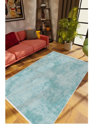 Salon Halısı Doku Eskitme Mavi Turkuaz Kaydırmaz Kesme Yıkanabilir Ince Halı Tüysüz Kilim