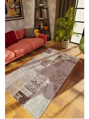 Modern Patchwork Kahverengi Dijital Baskı Halı Kaydırmaz Ince Yıkanabilir
