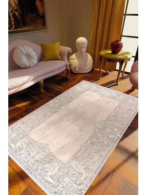 Salon Halısı Klasik Bej Ekru Kaydırmaz Kesme Yıkanabilir Ince Halı Tüysüz Kilim