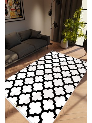 Salon Halısı Modern Geometrik Fas Beyaz Siyah Kaydırmaz Yıkanabilir Ince Halı Tüysüz Kilim