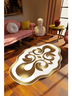 Salon Halısı Klasik Modern Gold Altın Beyaz Metalik Kaydırmaz Yıkanabilir Ince Halı Tüysüz Kilim