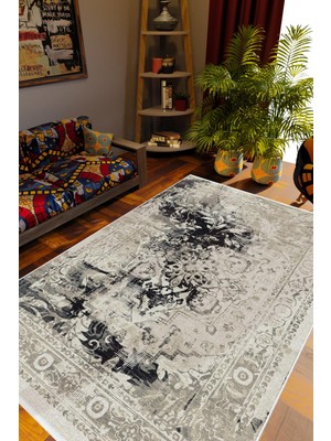 Salon Halısı Otantik Eskitme Çiçek Temalı Gri Siyah Kaydırmaz Yıkanabilir Ince Halı Tüysüz Kilim