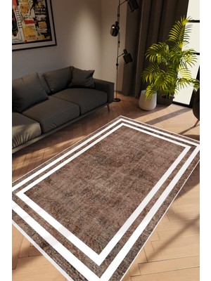 Salon Halısı Modern Çizgili Kahverengi Vizon Krem Kaydırmaz Kesme Yıkanabilir Ince Halı Tüysüz Kilim