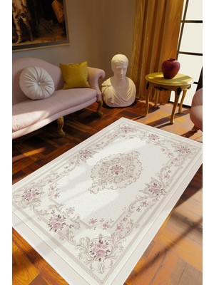 Figürlü Çiçekli Kilim Motifli Ekru Mavi Kaydırmaz Kesme Yıkanabilir Ince Halı