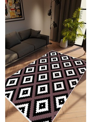 Modern Geometrik Mor Beyaz Siyah Kaydırmaz Kesme Yıkanabilir Ince Halı