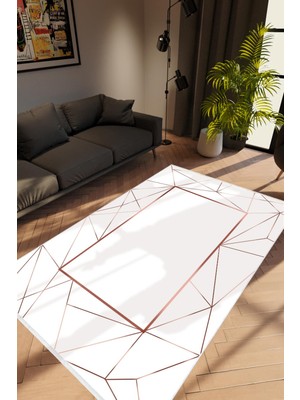 Modern Geometrik Bordo Beyaz Sarı Kaydırmaz Kesme Yıkanabilir Ince Halı